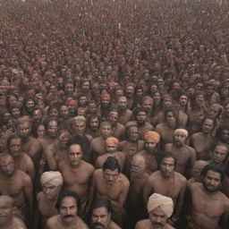 A vast gathering of a thousand traditional Indian villains, armed with guns and weapons, viewed from a long distance perspective.