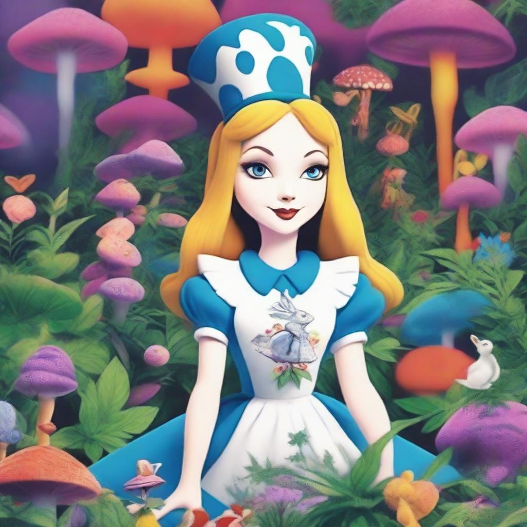 Generate an image depicting Alice from 'Alice in Wonderland' in a psychedelic setting with subtle marijuana elements