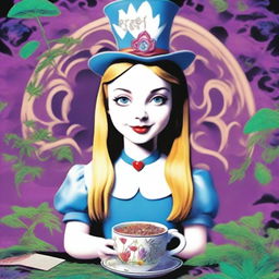 Generate an image depicting Alice from 'Alice in Wonderland' in a psychedelic setting with subtle marijuana elements