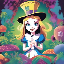 Generate an image depicting Alice from 'Alice in Wonderland' in a psychedelic setting with subtle marijuana elements