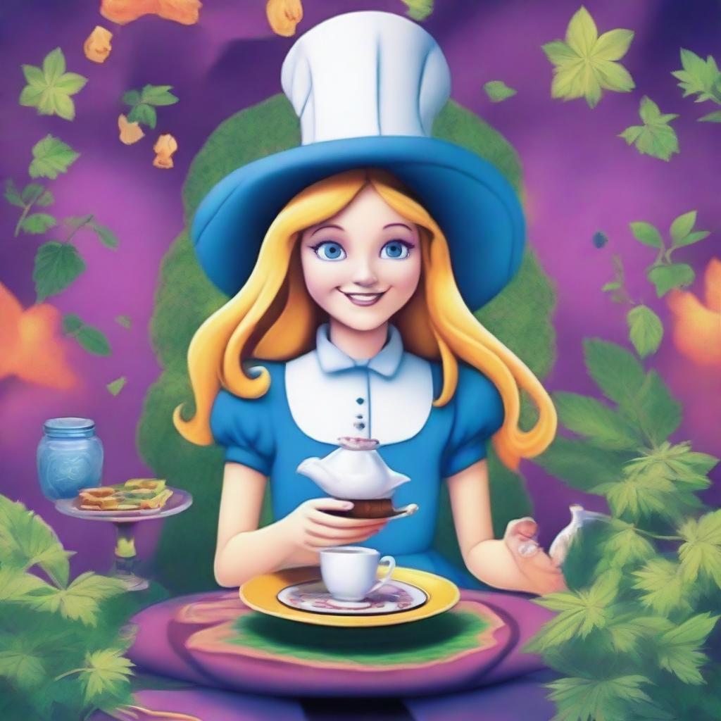 Generate an image depicting Alice from 'Alice in Wonderland' in a psychedelic setting with subtle marijuana elements