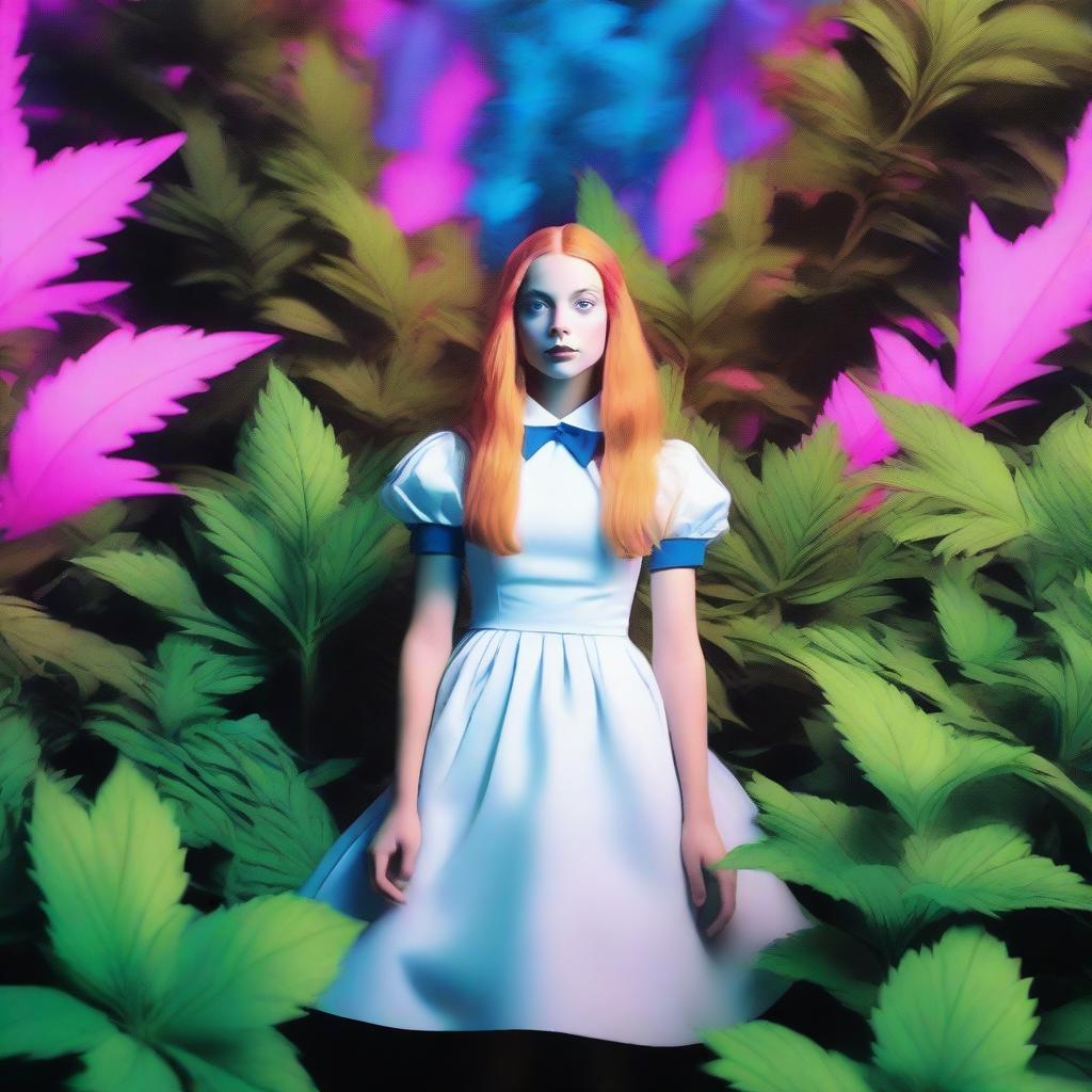 Generate an image of Alice from 'Alice in Wonderland' surrounded by giant, glowing neon marijuana leaves