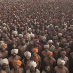 A vast gathering of a thousand traditional Indian villains, armed with guns and weapons, viewed from a long distance perspective.