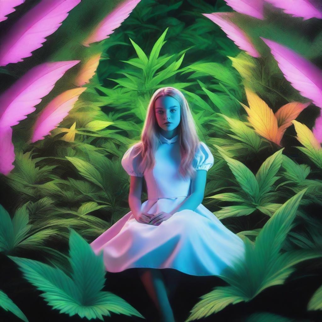 Generate an image of Alice from 'Alice in Wonderland' surrounded by giant, glowing neon marijuana leaves