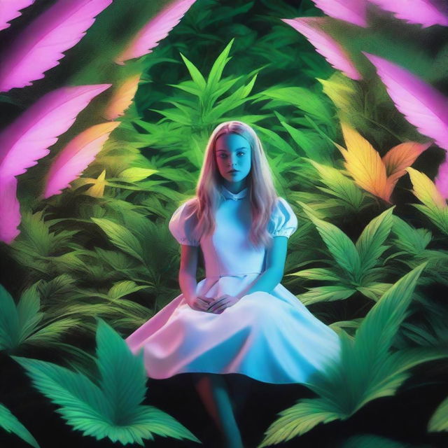 Generate an image of Alice from 'Alice in Wonderland' surrounded by giant, glowing neon marijuana leaves