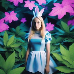 Generate an image of Alice from 'Alice in Wonderland' surrounded by giant, glowing neon marijuana leaves