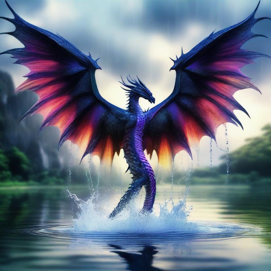 Generate an image of magnificent dragon wings emerging from a body of water