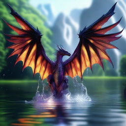 Generate an image of magnificent dragon wings emerging from a body of water