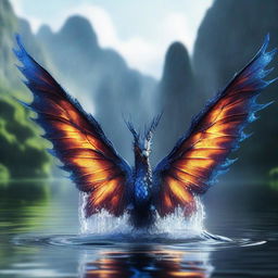 Generate an image of magnificent dragon wings emerging from a body of water