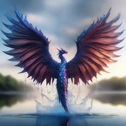 Generate an image of magnificent dragon wings emerging from a body of water