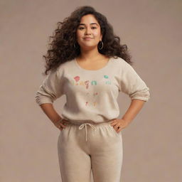 A Pixar-inspired illustration of a Mexican woman. She stands at 1.67 meters, weighs 60 kilograms, with long, slightly curly hair. Adorned in a baggy, sand-colored shirt and casual sweatpants, she enjoys music, reflected in her round face.