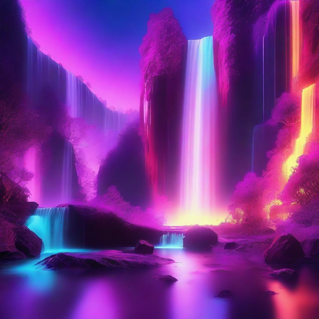 Generate an image of a landscape featuring insane, towering waterfalls glowing in neon colors