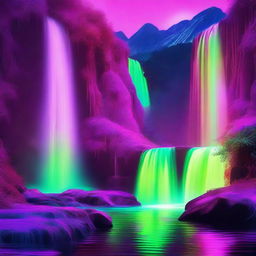 Generate an image of a landscape featuring insane, towering waterfalls glowing in neon colors