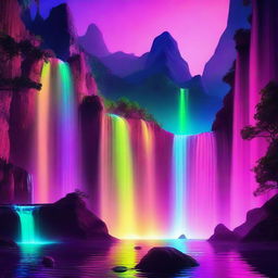 Generate an image of a landscape featuring insane, towering waterfalls glowing in neon colors