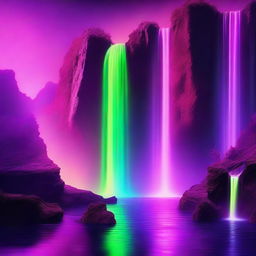 Generate an image of a landscape featuring insane, towering waterfalls glowing in neon colors