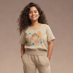 A Pixar-inspired illustration of a Mexican woman. She stands at 1.67 meters, weighs 60 kilograms, with long, slightly curly hair. Adorned in a baggy, sand-colored shirt and casual sweatpants, she enjoys music, reflected in her round face.