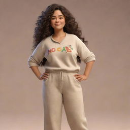 A Pixar-inspired illustration of a Mexican woman. She stands at 1.67 meters, weighs 60 kilograms, with long, slightly curly hair. Adorned in a baggy, sand-colored shirt and casual sweatpants, she enjoys music, reflected in her round face.