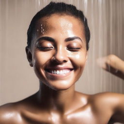 Generate an image of a young individual with light brown skin, enjoying a shower with water droplets cascading down