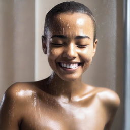 Generate an image of a young individual with light brown skin, enjoying a shower with water droplets cascading down