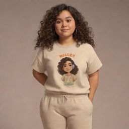 A Pixar-inspired illustration of a Mexican woman. She stands at 1.67 meters, weighs 60 kilograms, with long, slightly curly hair. Adorned in a baggy, sand-colored shirt and casual sweatpants, she enjoys music, reflected in her round face.