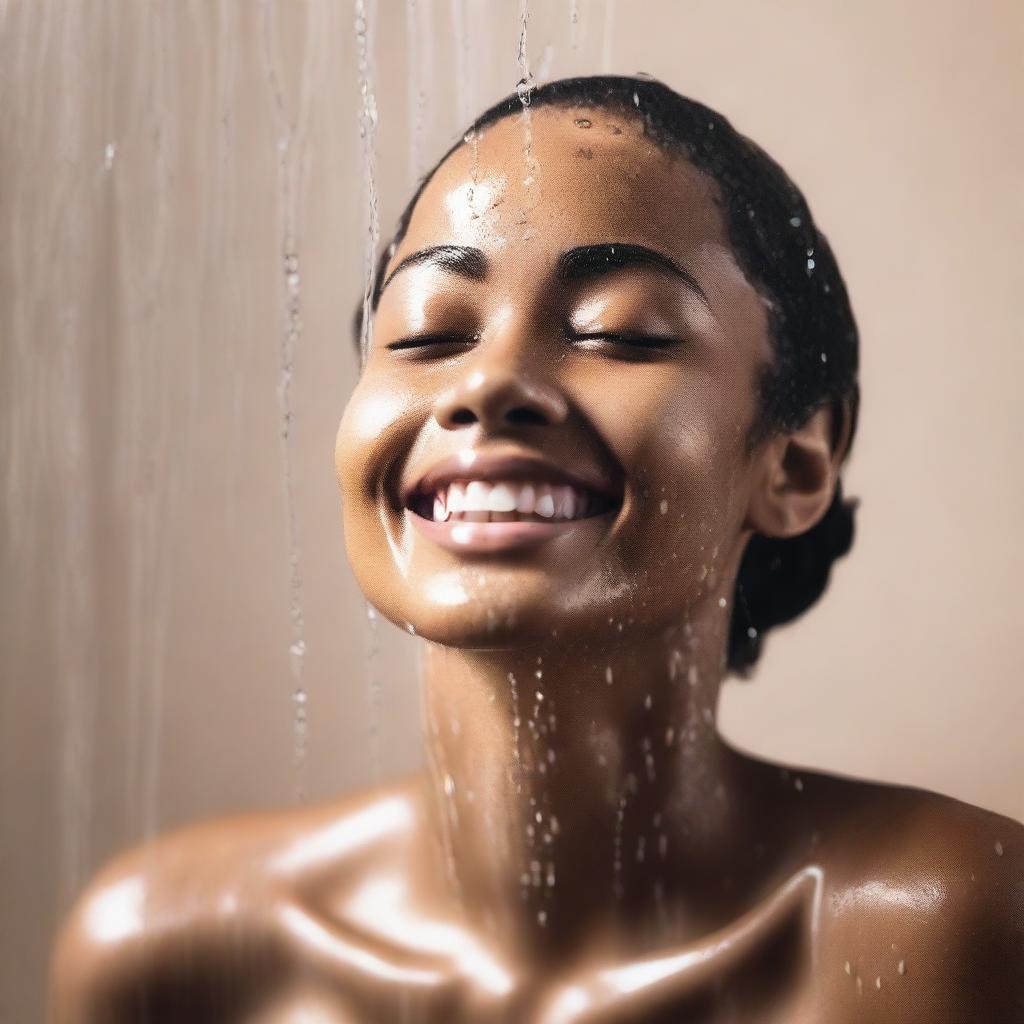 Generate an image of a young individual with light brown skin, enjoying a shower with water droplets cascading down