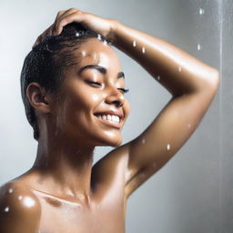 Generate an image of a young individual with light brown skin, enjoying a shower with water droplets cascading down