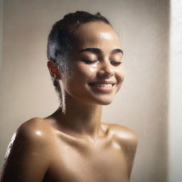 Generate an image of a young individual with light brown skin, enjoying a shower