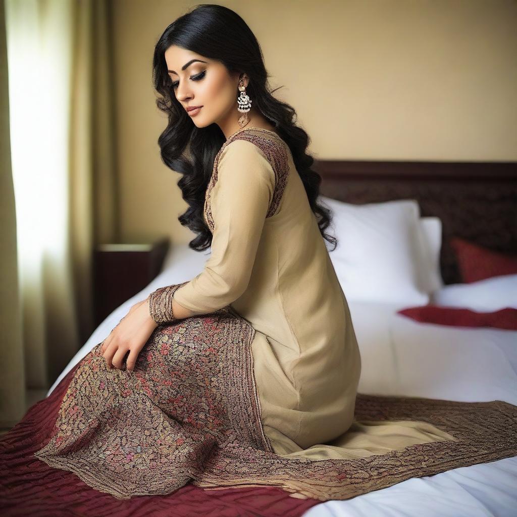 Generate an image of a 36-year-old Pakistani woman in a shalwar kameez bending over on a bed