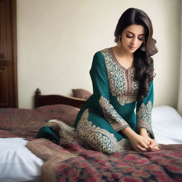 Generate an image of a 36-year-old Pakistani woman in a shalwar kameez bending over on a bed