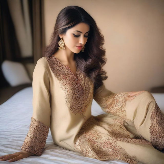 Generate an image of a 36-year-old Pakistani woman bending over in bed, wearing a shalwar kameez with an open neck design