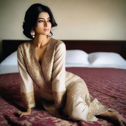 Generate an image of a Pakistani woman on a bed, bending forward facing the camera