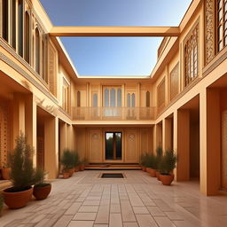 A beautiful, modern house inspired by traditional Iranian architecture, with intricate patterns and rich use of colors.