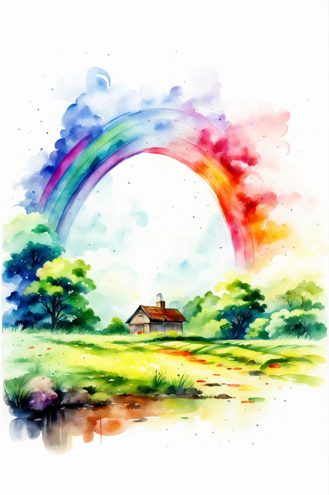 A watercolour painting of a rainbow scene set in a tranquil countryside with a small cottage and meadow