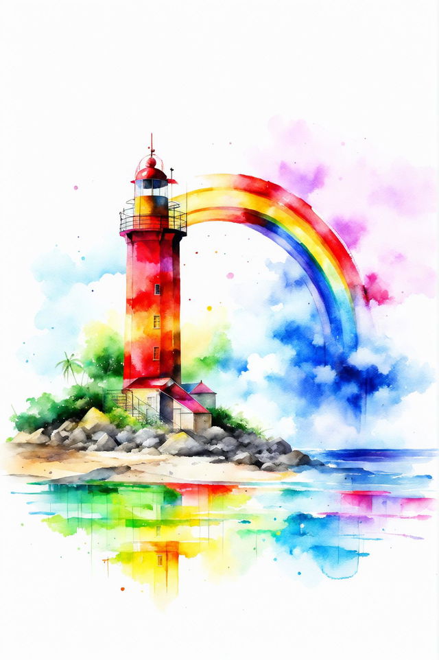 A watercolour painting of a rainbow scene set on a beach, with the rainbow arching over the ocean and a distant lighthouse