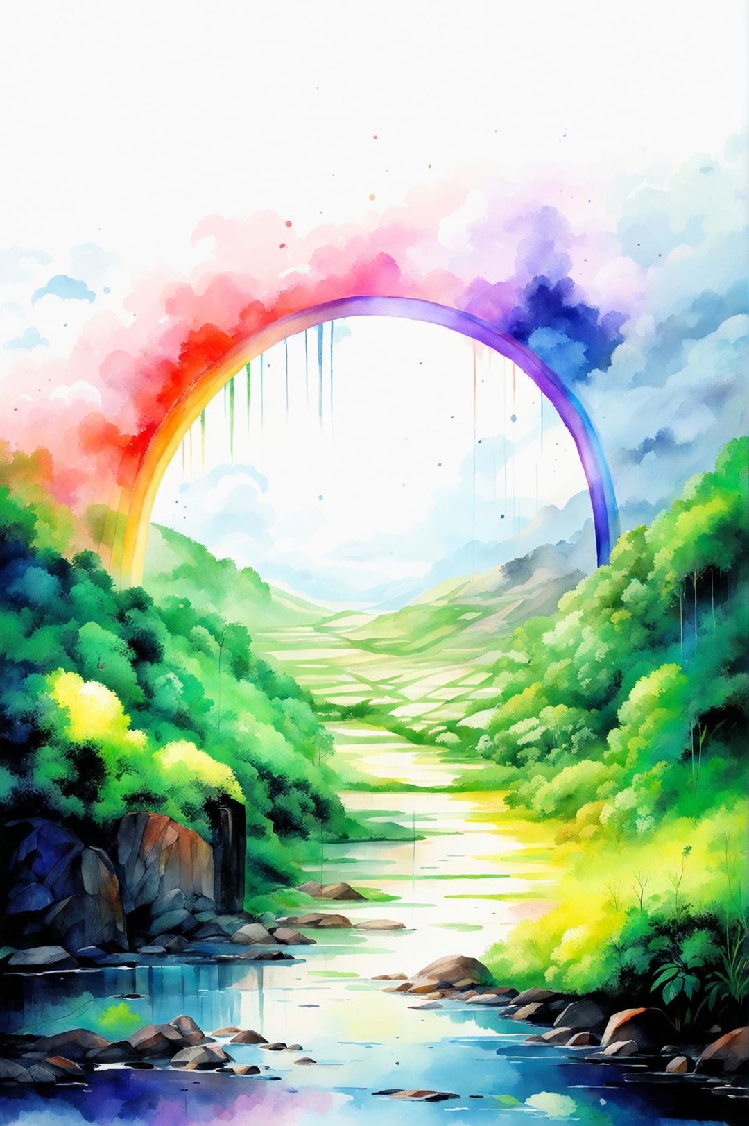 A watercolour painting of a rainbow over a serene river in a lush valley