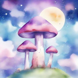 Create a magical mushroom fairytale watercolor illustration for a book cover