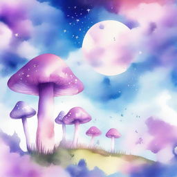 Create a magical mushroom fairytale watercolor illustration for a book cover