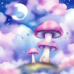 Create a magical mushroom fairytale watercolor illustration for a book cover