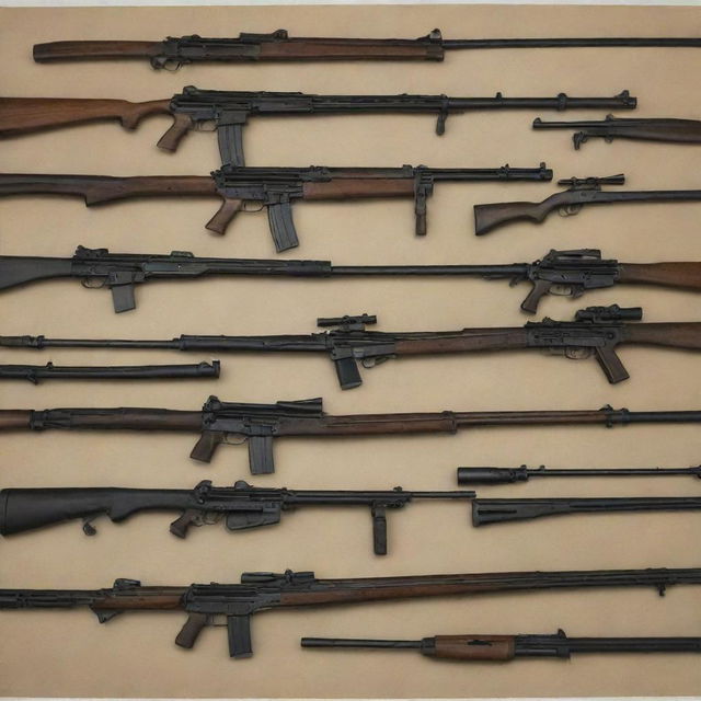 An array of various guns and weapons displayed prominently.