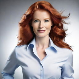 Create an image of a confident redhead woman dressed in a stylish business shirt