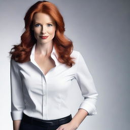 Create an image of a confident redhead woman dressed in a stylish business shirt