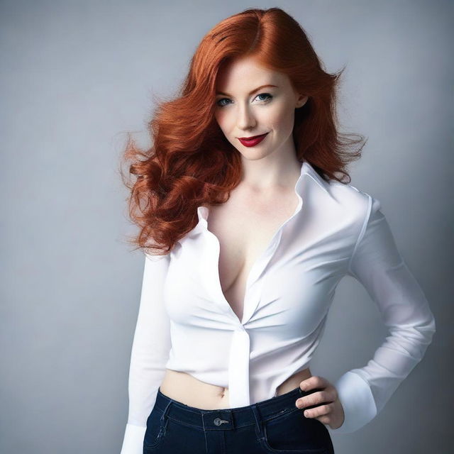 Generate a tasteful and non-explicit image of an alluring redhead wearing an open business shirt with no bra underneath