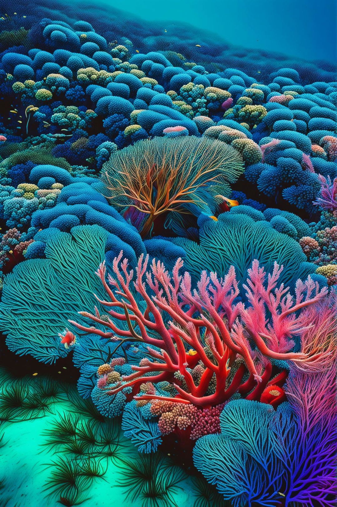 This is a request for a high-definition, realistic photograph of a coral reef scene, featuring vibrant corals and swaying sea grass