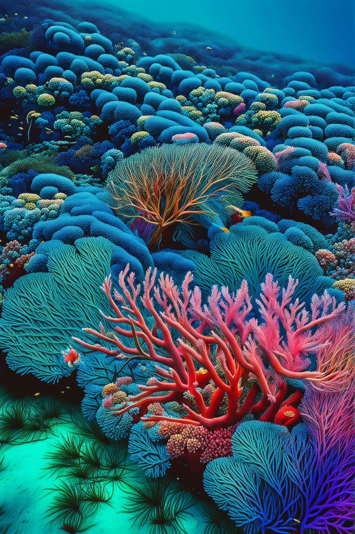This is a request for a high-definition, realistic photograph of a coral reef scene, featuring vibrant corals and swaying sea grass