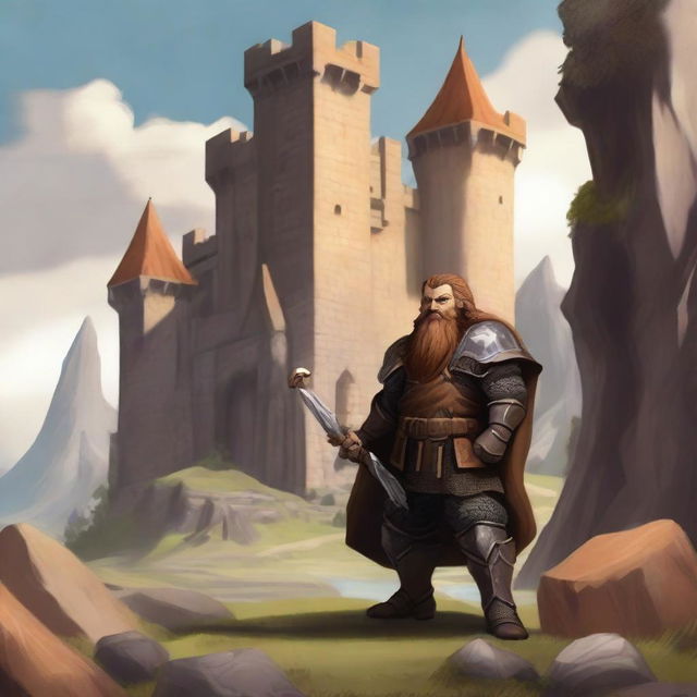 Generate an image of a fantasy landscape featuring a towering castle in the background