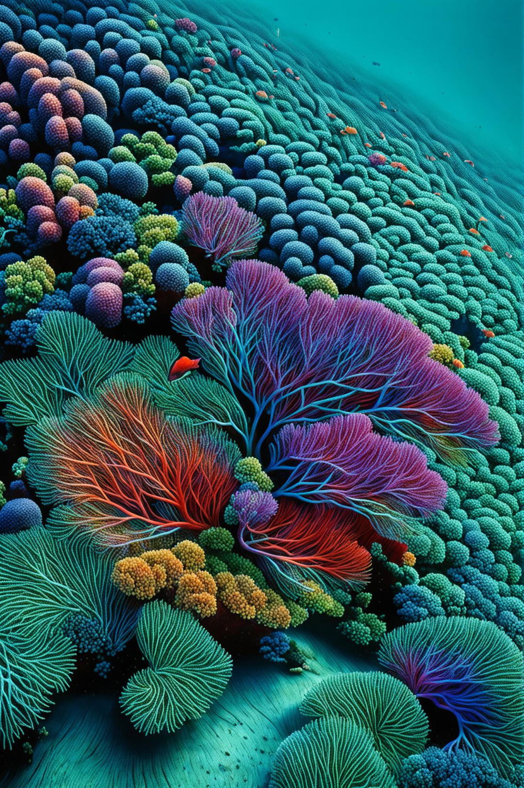 This is a request for a high-definition, realistic photograph of a coral reef scene, featuring vibrant corals and swaying sea grass