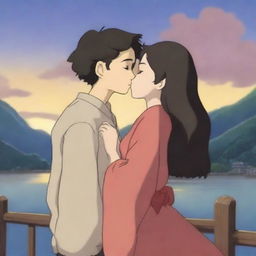 Create an image of Corra and Asami sharing a tender kiss