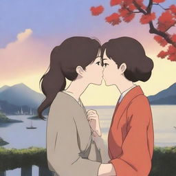 Create an image of Corra and Asami sharing a tender kiss