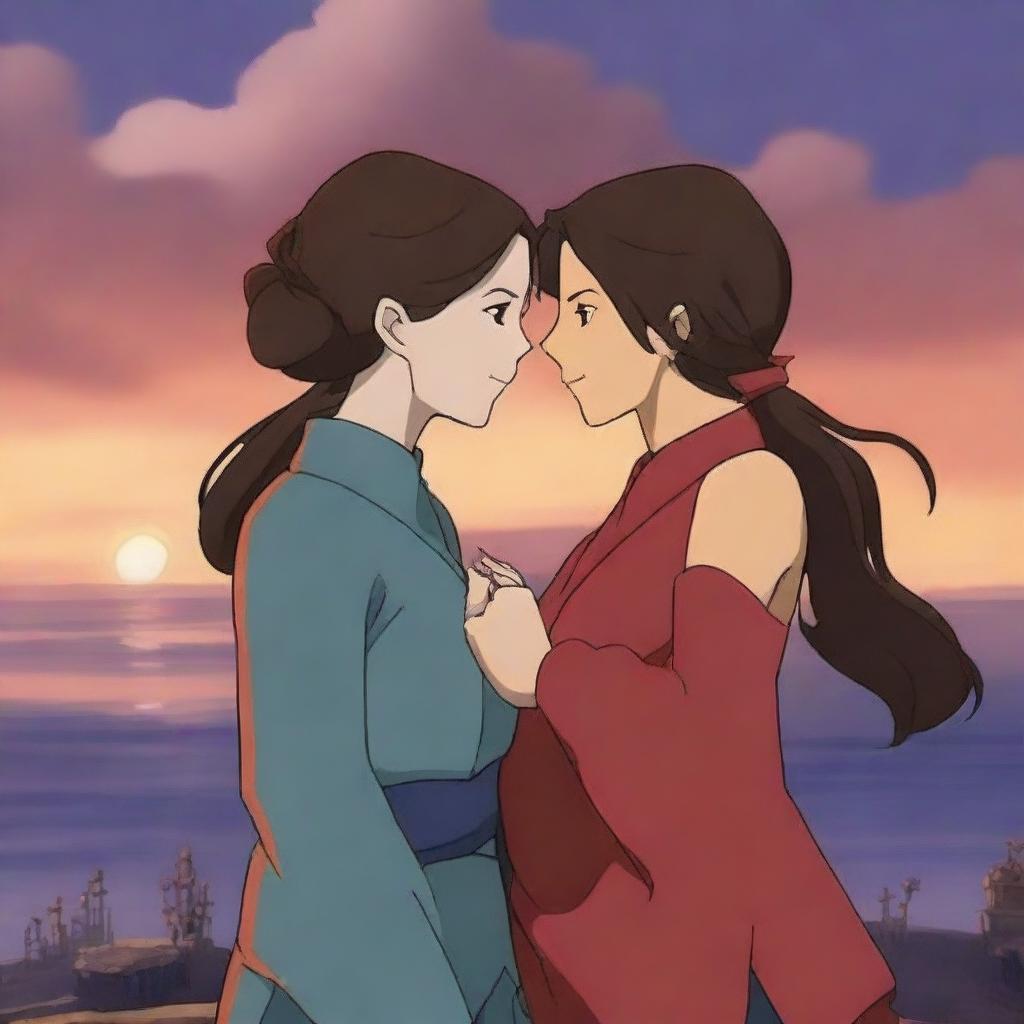 Create an image of Korra and Asami, two lesbian characters, sharing a passionate kiss