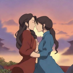 Create an image of Korra and Asami, two lesbian characters, sharing a passionate kiss